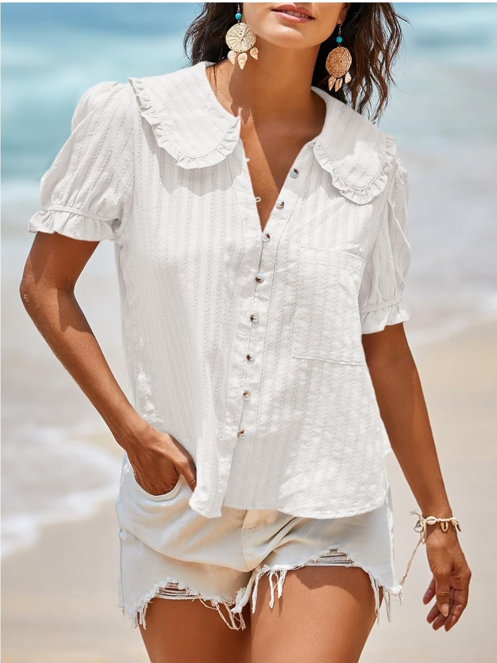 White Ruffle Collar Button-Front Blouse - Picture 4 of 7